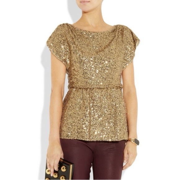 ALICE + OLIVIA • Barret Sequin Blouson Top in Gold - Picture 2 of 13